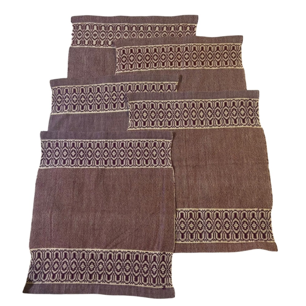 Vintage Handwoven Linen Napkins‎ Set of 5 Plum Purple Geometric Border 13x15